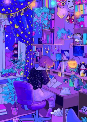Vibrant Purple Room Artwork: A Nighttime Escape - Premium Wooden Framed Poster. Ready to Hang.