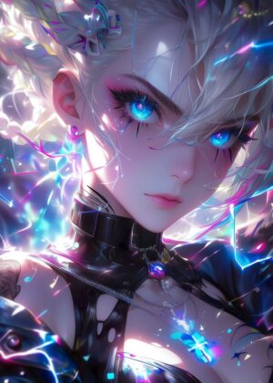 Lightning Anime Lady: Electric Blue Eyes - Premium Wooden Framed Poster. Ready to Hang.