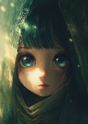 Little Girl with Big Eyes: Dreamy Digital Art Print - Premium Wooden Framed Poster. Ready to Hang.
