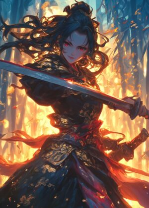 Fiery Embrace: A Chinese Paladin Swordsman Artwork - Premium Wooden Framed Poster. Ready to Hang.
