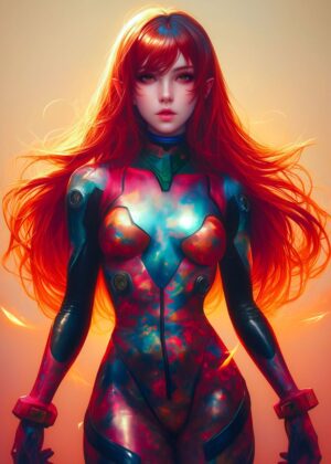 Stunning Cyberpunk Artwork: Digital Painting of a Fiery Android - Premium Wooden Framed Poster. Ready to Hang.