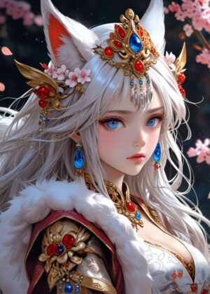 Anime Fox Girl: Elegant Fantasy Artwork - Premium Wooden Framed Poster. Ready to Hang.