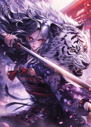 Samurai Maiden: A Breathtaking Anime Artwork - Premium Wooden Framed Poster. Ready to Hang.