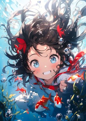 The Girl and the Ocean: A Breathtaking Anime Artwork - Premium Wooden Framed Poster. Ready to Hang.