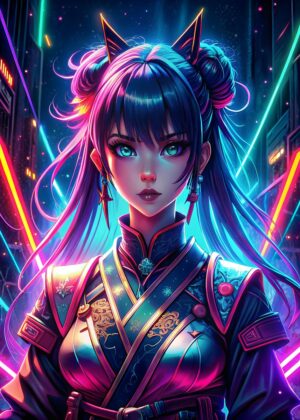Neon Glowing Anime Girl Art Print - Premium Wooden Framed Poster. Ready to Hang.
