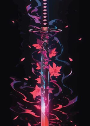 Crimson Sakura: A Breathtaking Anime-Style Sword Artwork - Premium Wooden Framed Poster. Ready to Hang.