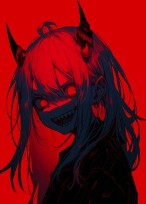 Crimson Nightmare: Anime Demon Girl Art Print - Premium Wooden Framed Poster. Ready to Hang.