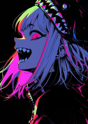 Neon Monster Girl Anime Art Print - Premium Wooden Framed Poster. Ready to Hang.