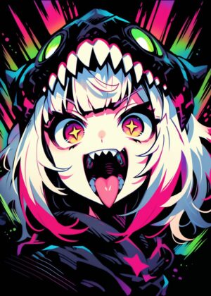 Neon Monster Girl Anime Art Print - Premium Wooden Framed Poster. Ready to Hang.