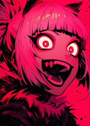 Crimson Anime Monster Girl Art Print - Premium Wooden Framed Poster. Ready to Hang.