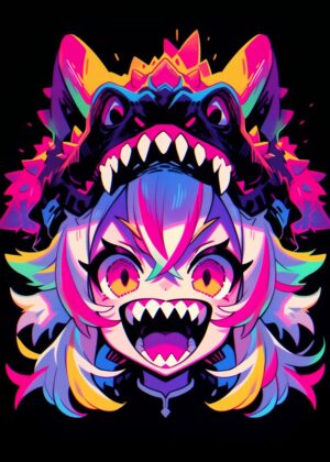 Neon Anime Monster Girl Art Print - Premium Wooden Framed Poster. Ready to Hang.