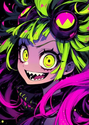 Neon Nightmare: Anime Monster Girl Art Print - Premium Wooden Framed Poster. Ready to Hang.