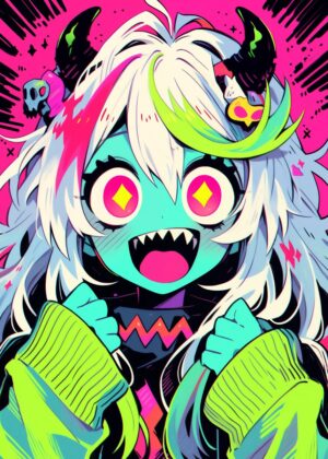 Neon Monster Girl Anime Art Print - Premium Wooden Framed Poster. Ready to Hang.