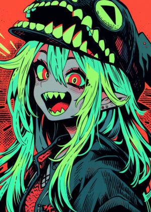 Neon Nightmare: Anime Monster Girl Art Print - Premium Wooden Framed Poster. Ready to Hang.