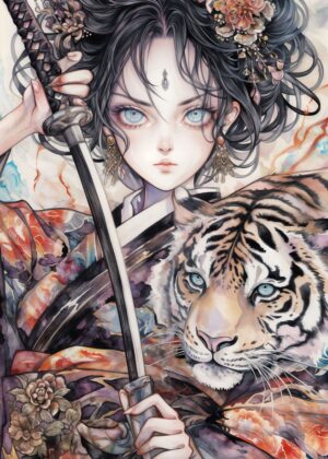 Mystical Geisha and Tiger Watercolor Art Print - Premium Wooden Framed Poster. Ready to Hang.