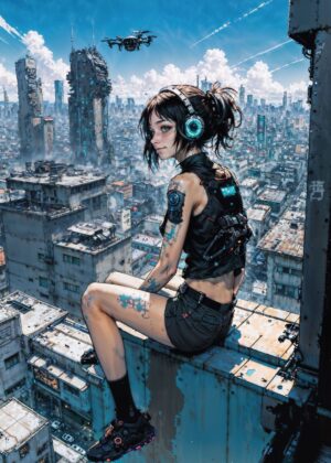 Cyberpunk Cityscape Girl: A Futuristic Urban Scene - Premium Wooden Framed Poster. Ready to Hang.
