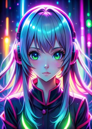 Neon Anime Gamer Girl Art Print - Premium Wooden Framed Poster. Ready to Hang.