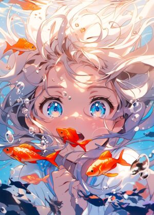 Anime Girl Underwater with Goldfish - Premium Wooden Framed Poster. Ready to Hang.