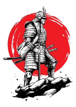Japanese Samurai Warrior Against the Rising Sun - Premium Wooden Framed Poster. Ready to Hang.