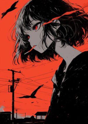 Crimson Solitude: An Anime Art Print - Premium Wooden Framed Poster. Ready to Hang.
