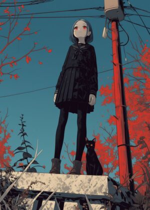 Abnormal Core: Anime Girl and Black Cat Artwork - Premium Wooden Framed Poster. Ready to Hang.