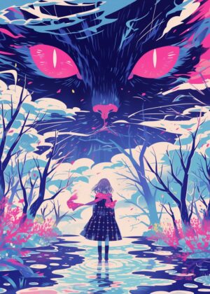 Giant Cat and Girl in Winter Wonderland - Premium Wooden Framed Poster. Ready to Hang.