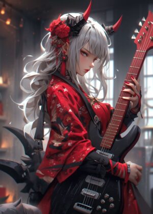 Demon Girl Guitarist: Fierce Anime Art Print - Premium Wooden Framed Poster. Ready to Hang.