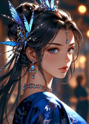 Stunning Anime Beauty: Blue Butterfly Elegance - Premium Wooden Framed Poster. Ready to Hang.
