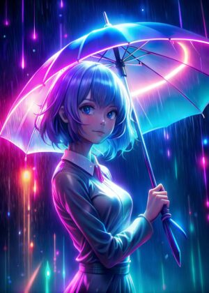 Neon Anime Girl in the Rain - Premium Wooden Framed Poster. Ready to Hang.