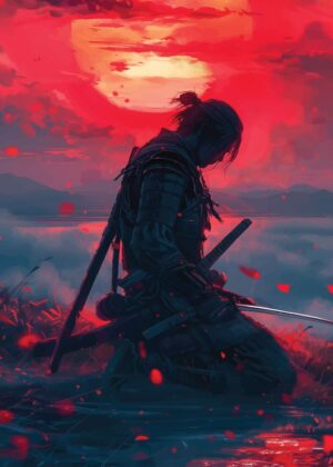 Rengoku-Inspired Samurai: Sunset Serenity - Premium Wooden Framed Poster. Ready to Hang.