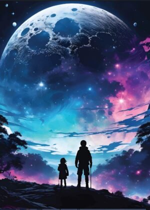 Father and Daughter Under a Cosmic Moon: Fantasy Space Anime Art - Premium Wooden Framed Poster. Ready to Hang.