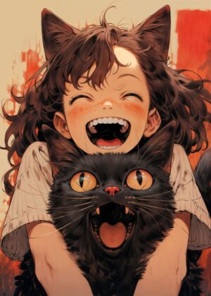 Adorable Anime Girl with Cat Ears and Black Cat - Premium Wooden Framed Poster. Ready to Hang.