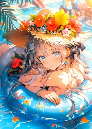 Hot Summer Day Anime Girl Artwork - Premium Wooden Framed Poster. Ready to Hang.