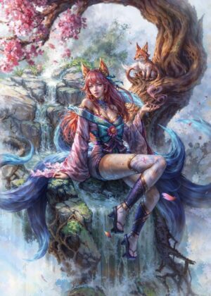 Anime Sakura Kitsune Woman Art Print - Premium Wooden Framed Poster. Ready to Hang.
