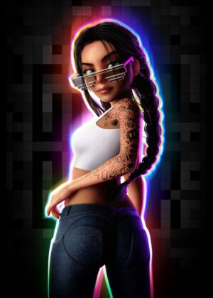 Neon Gamer Girl Art Print - Premium Wooden Framed Poster. Ready to Hang.