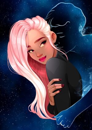Cosmic Embrace: A Sibling's Tender Moment - Premium Wooden Framed Poster. Ready to Hang.
