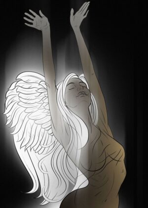 Angelic Ascent: A Celestial Being's Embrace - Premium Wooden Framed Poster. Ready to Hang.