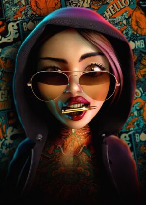 Mysterious Hoodie Girl: Digital Art Print - Premium Wooden Framed Poster. Ready to Hang.