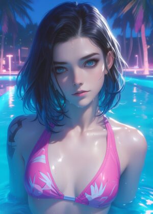 Anime Girl in Pool: Summer Vibes - Premium Wooden Framed Poster. Ready to Hang.