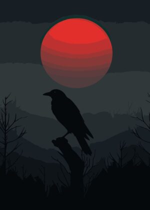Crimson Moon Raven Silhouette Art Print - Premium Wooden Framed Poster. Ready to Hang.