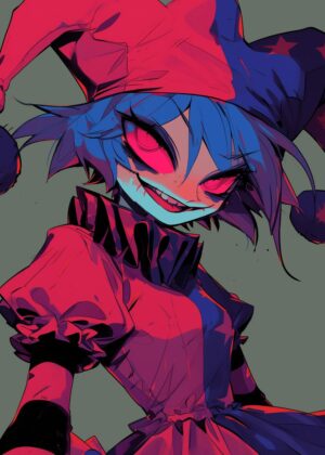 Jester Core: A Glowing Portrait of Mischief - Premium Wooden Framed Poster. Ready to Hang.