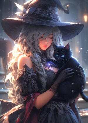 Cute Witch and Black Cat: A Magical Fantasy Artwork - Premium Wooden Framed Poster. Ready to Hang.