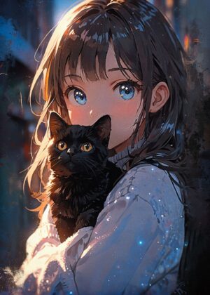 Anime Girl and Black Cat: A Touching Friendship - Premium Wooden Framed Poster. Ready to Hang.