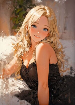 Bedtime Bliss: Anime Girl in Evening Gown - Premium Wooden Framed Poster. Ready to Hang.