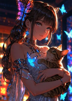 Anime Girl and Tabby Cat: A Magical Encounter - Premium Wooden Framed Poster. Ready to Hang.