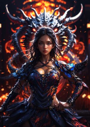 Fiery Anime Dragon Girl Art Print - Premium Wooden Framed Poster. Ready to Hang.