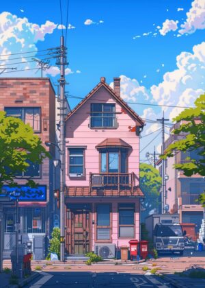 The Pink House: A Whimsical Anime-Style Street Scene - Premium Wooden Framed Poster. Ready to Hang.