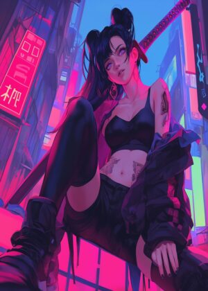 Cyberpunk Girl in Neon City - Premium Wooden Framed Poster. Ready to Hang.