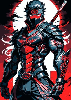 Cyberpunk Samurai Ninja Anime Art Print - Premium Wooden Framed Poster. Ready to Hang.