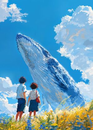 Giant of the Azure Skies: A Whimsical Journey - Premium Wooden Framed Poster. Ready to Hang.